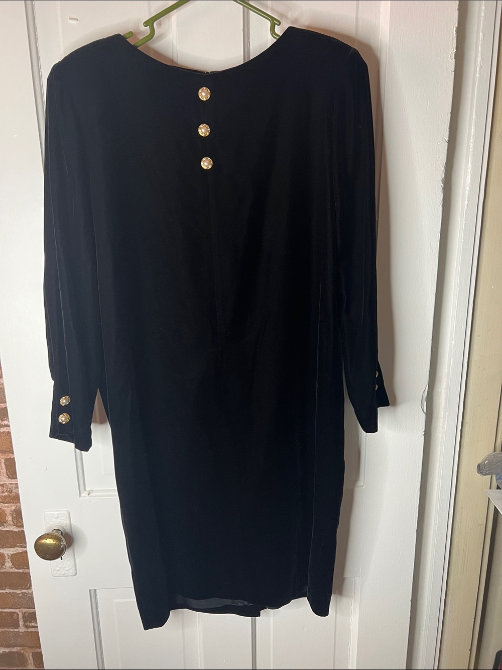 Vintage Chaus Black Velvet Long Sleeve Shift Dress with Gold Buttons